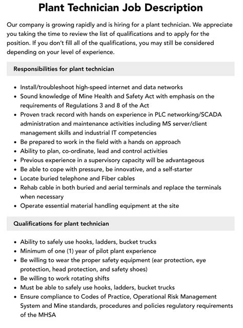 plant technician job description.
